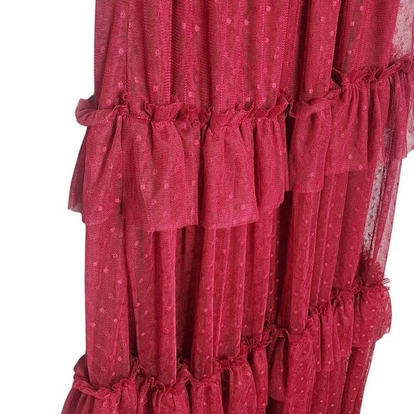 Red Maxi Dress Ruffled Tiered Tulle Empire Waist Western Romance Party Prom  M - Picture 4 of 5